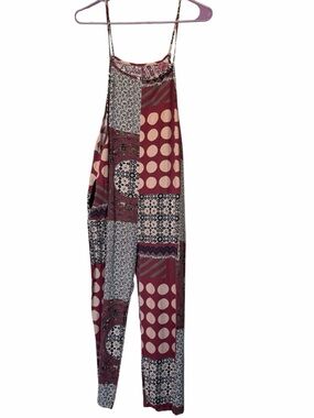 EMORY ROSE- Sleeveless Patchwork-Print Wide-Leg Jumpsuit in Burgundy and Cream